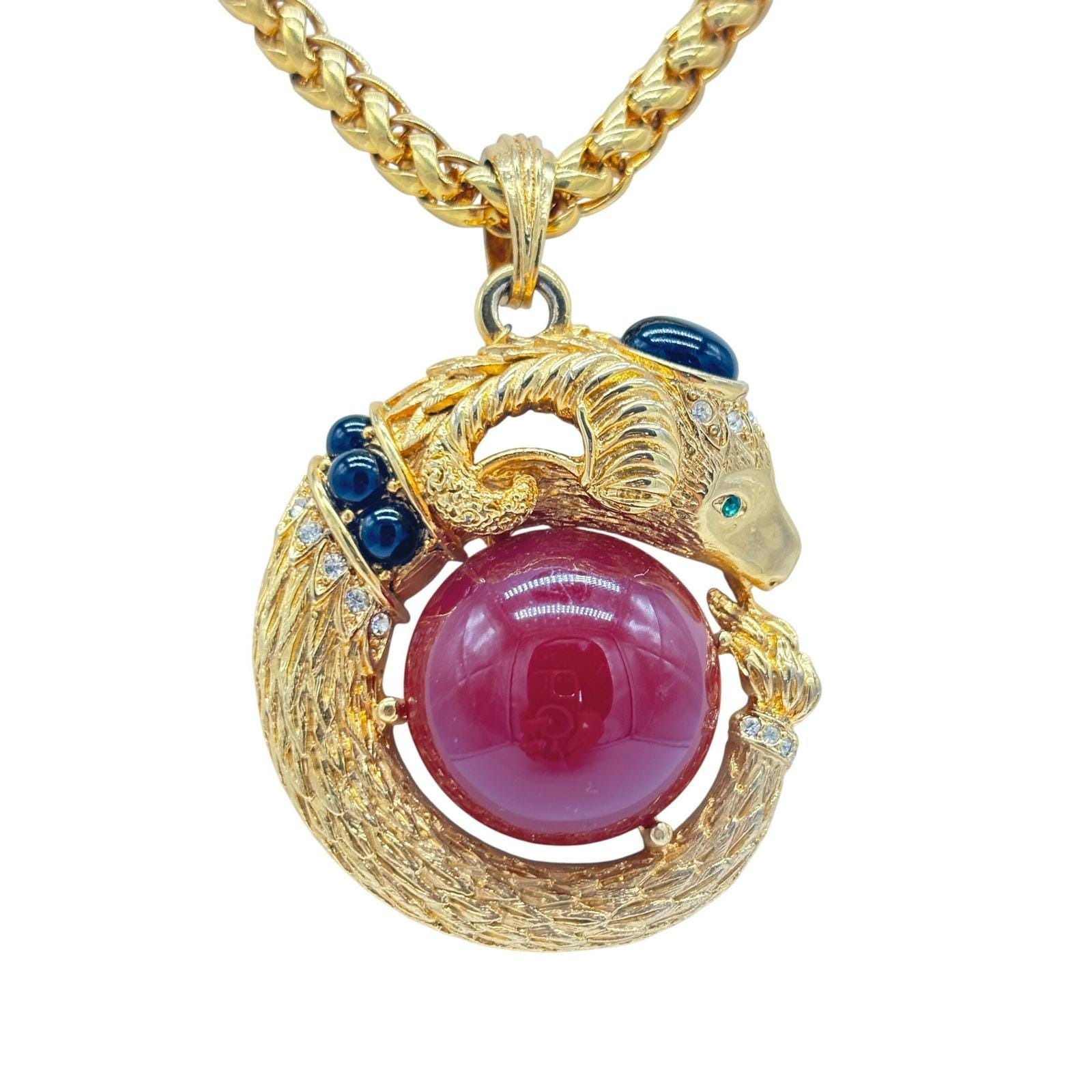 Rare Vintage 70's Signed Gem Craft Ram's Head Cabochon And Rhinestone Necklace